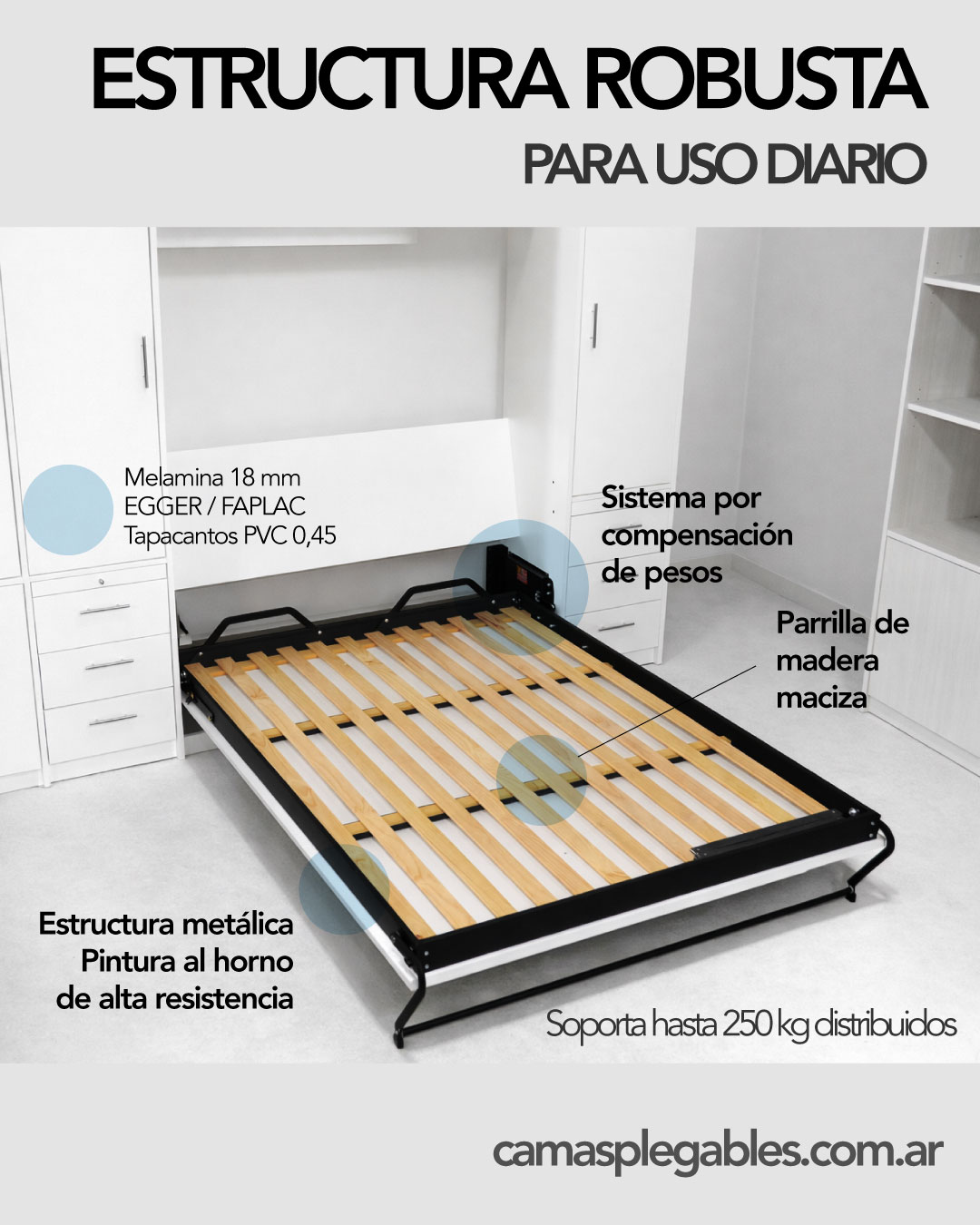Detalle de estructura metálica y parrilla de
                    madera maciza de cama rebatible