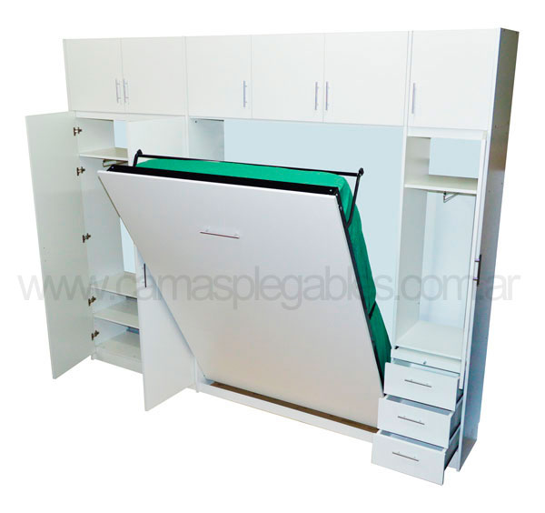 Mueble camas rebatible para 2 plaza con placard vestidor y cajoneras 4