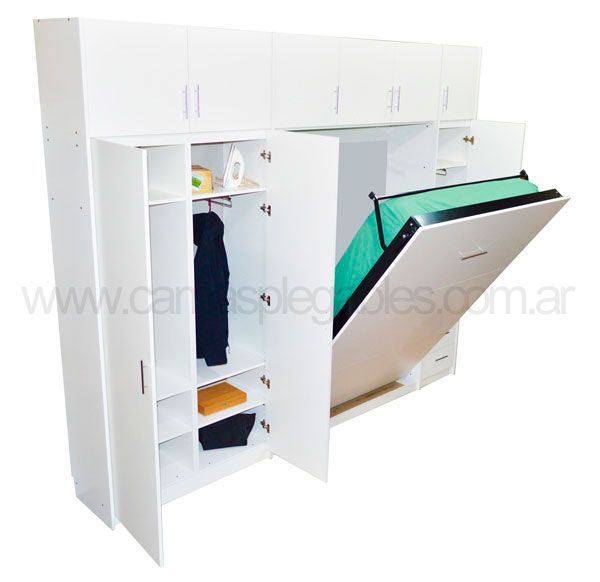 Mueble camas rebatible para 2 plaza con placard vestidor y cajoneras 8