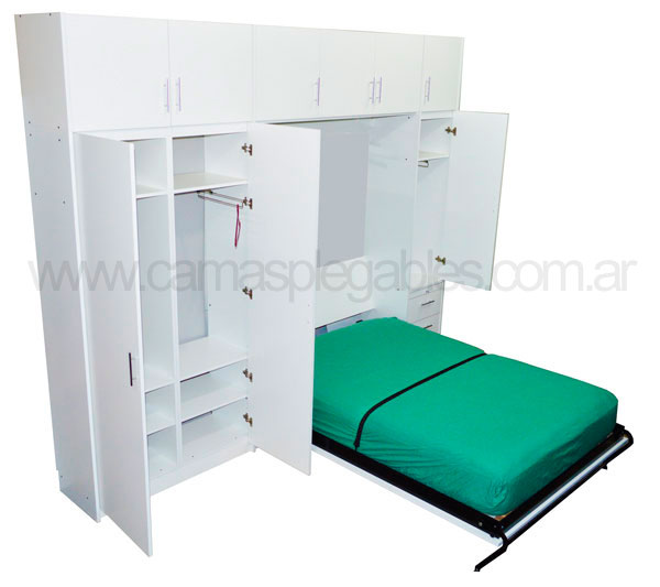 Mueble camas rebatible para 2 plaza con placard vestidor y cajoneras 9