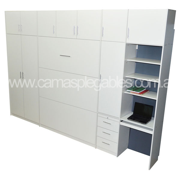 Placard con cama rebatible plegable 2 plazas con escritorio cajoneras estantes-004