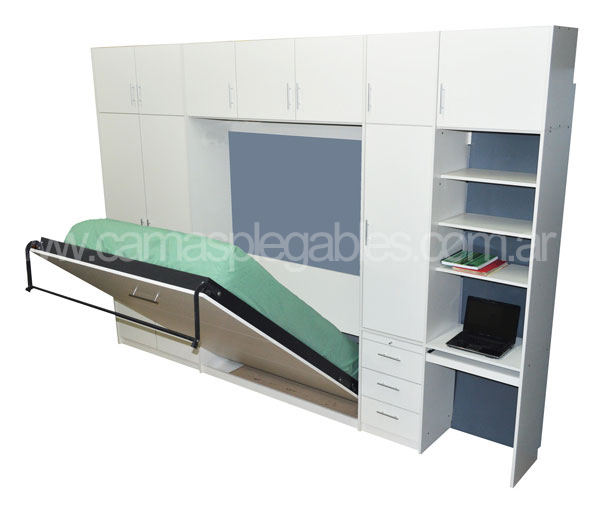 Placard con cama rebatible plegable 2 plazas con escritorio cajoneras estantes-005