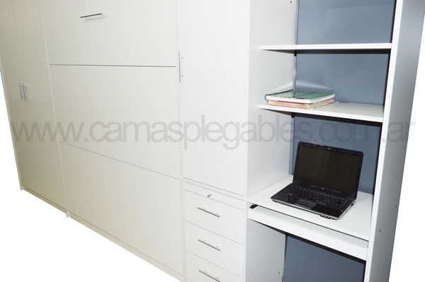 Placard con cama rebatible plegable 2 plazas con escritorio cajoneras estantes-007