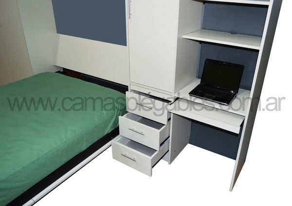 Placard con cama rebatible plegable 2 plazas con escritorio cajoneras estantes-008