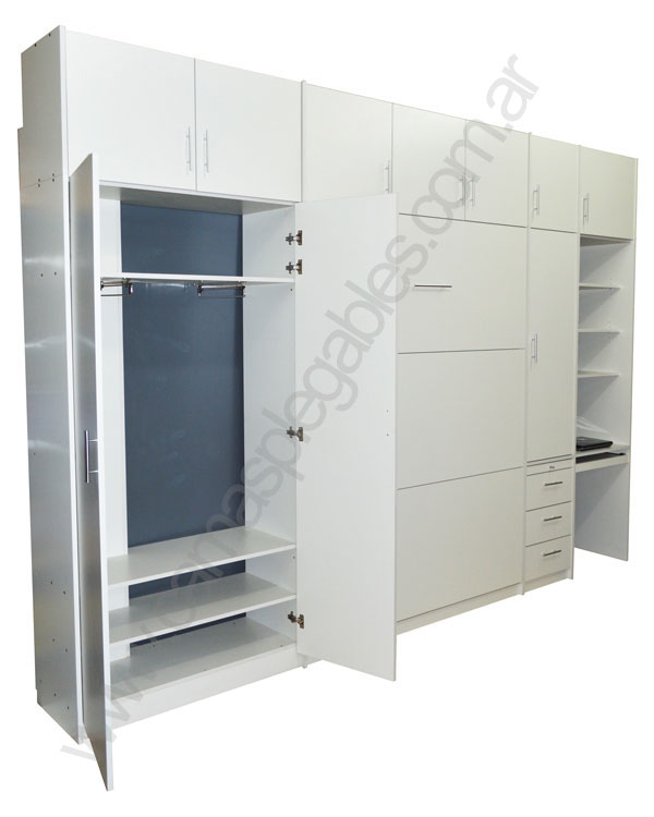 Placard con cama rebatible plegable 2 plazas con escritorio cajoneras estantes-009