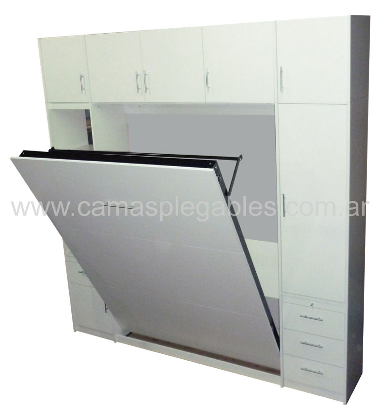 Mueble placard con cama plegable rebatible en melamina blanca para colchón 2 plazas con cajoneras y puertas con estantes y libres con baulera superior