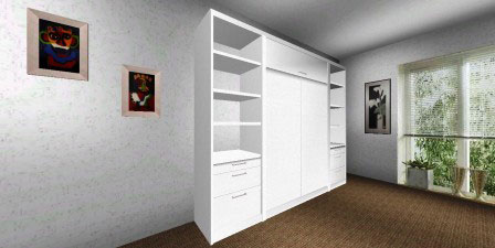 Mueble cama plegable para colchón de 2 plazas en melamina blanca modelo con cajoneras y estantes ambos lados