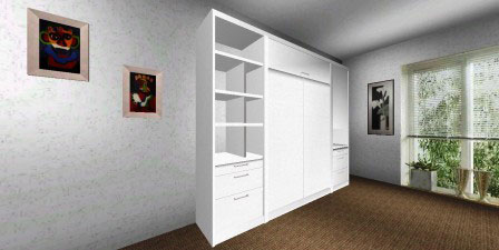 Mueble cama plegable para colchón de 1 y 2 plazas en melamina blanca modelo con cajoneras y estantes ambos lados