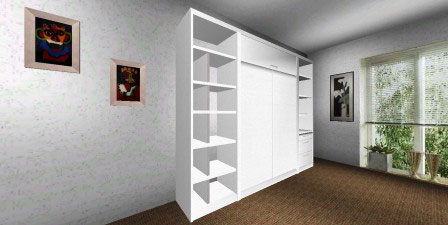 Mueble cama plegable para colchón de 1 y 2 plazas en melamina blanca modelo con cajoneras y estantes y biblioteca lateral