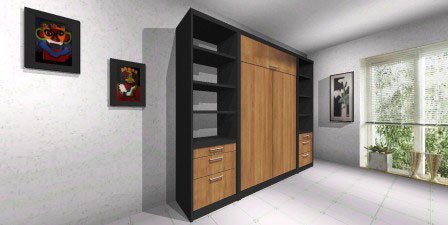 Mueble cama plegable para colchón de 1 y 2 plazas en melamina colores combinados modelo con cajoneras y estantes ambos lados