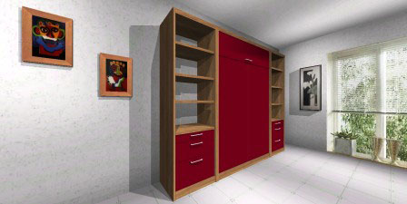 Mueble cama plegable para colchón de 1 y 2 plazas en melamina colores combinados modelo con cajoneras y estantes ambos lados
