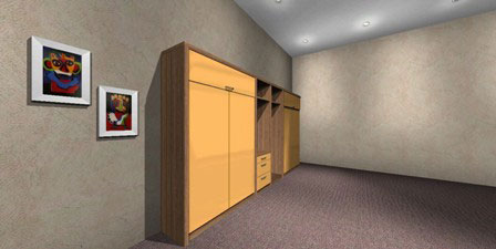 Mueble doble cama plegable para colchón de 2 plazas en melamina color modelo con cajoneras y estantes centrales