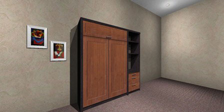 Mueble cama plegable para colchón de 1 y 2 plazas en melamina colores combinados modelo con cajoneras y estantes ambos lados