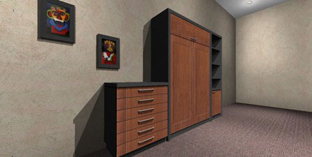 Mueble cama plegable para colchón de 1 y 2 plazas en melamina color madera modelo con cajoneras libres y módulo con estantes y puerta