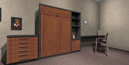 Mueble cama plegable para colchón de 1 y 2 plazas en melamina color madera modelo con cajoneras libres y módulo con estantes y puerta y escritorio independiente.