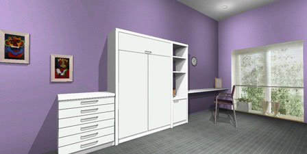 Mueble cama plegable para colchón de 1 y 2 plazas en melamina blanca modelo con cajoneras libres y módulo con estantes y puerta y escritorio independiente.