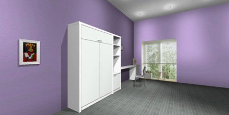 Mueble cama plegable para colchón de 1 y 2 plazas en melamina blanca y módulo con estantes y puerta y escritorio independiente.