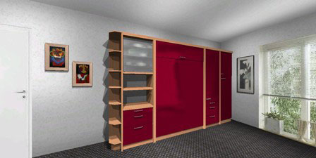 Mueble cama plegable para colchón de 1 y 2 plazas en melamina colores combinados modelo con cajoneras y estantes ambos lados, uso placard y esquinero con estantes