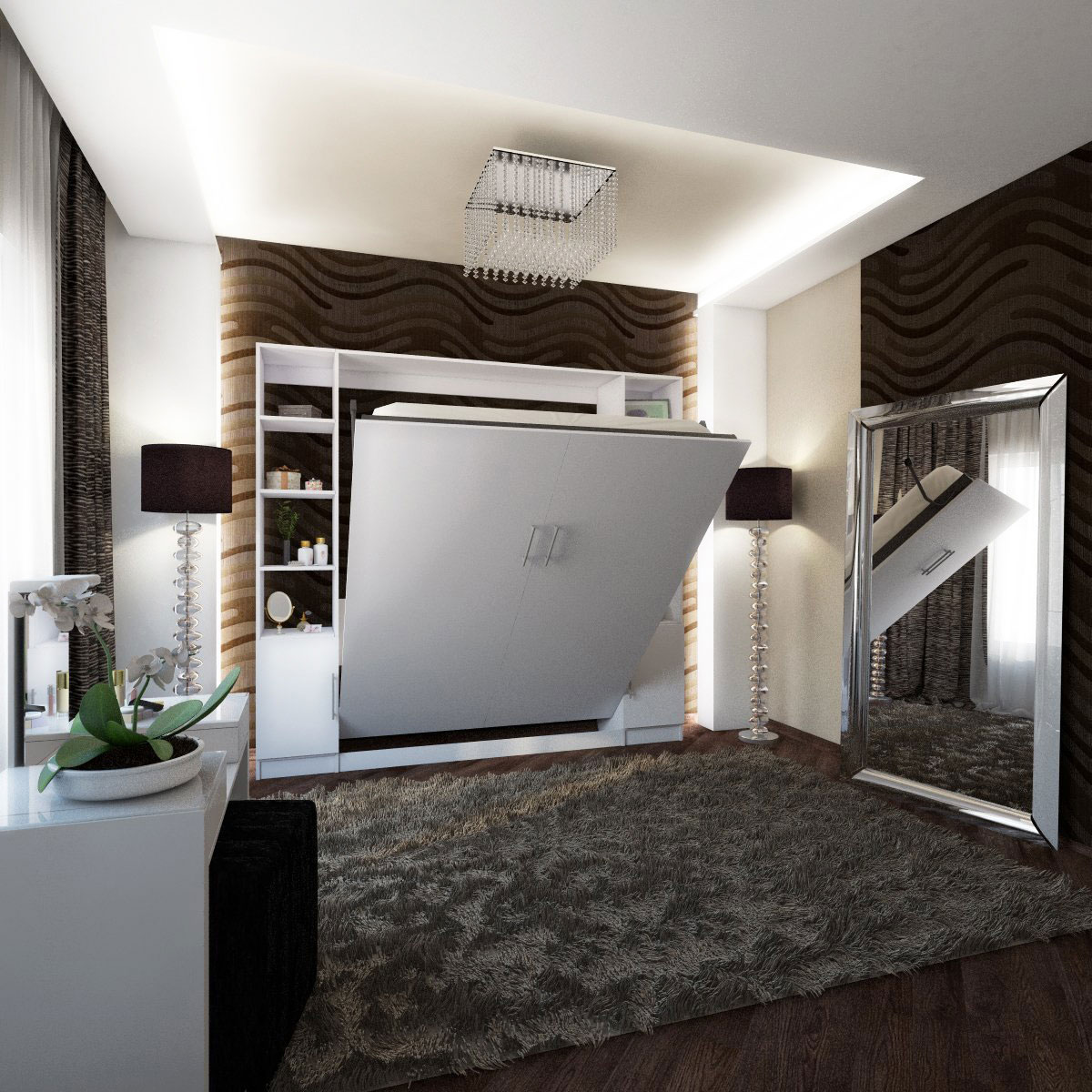 Mueble camas rebatible de dos plazas con estanterías y puertas