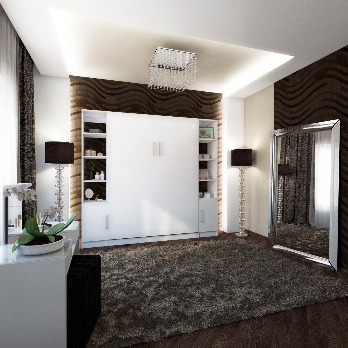 Mueble camas rebatible de dos plazas con estanterías y puertas