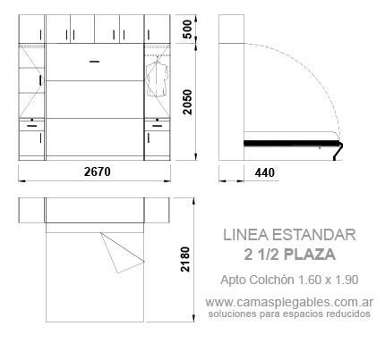 Placard completo con módulos laterales y bauleras superiores con cama 2 1/2 plazas rebatible incorporada -  apto para colchón 1.60 x 1.90