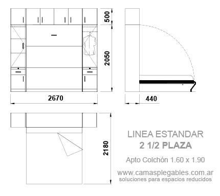 Placard completo con módulos laterales y bauleras superiores con cama 2 1/2 plazas rebatible incorporada - apto para colchón 1.60 x 1.90