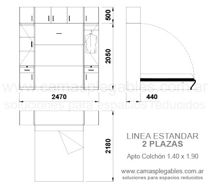 Placard completo con módulos laterales y baulera superior con cama rebatible incorporada 2 plazas - Apto para colchón 1.40 x 1.90