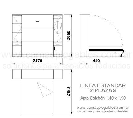 Placard con módulos laterales - sin bauleras - Con cama 2 plazas rebatible incorporada - apto para colchón 1.40 x 1.90
