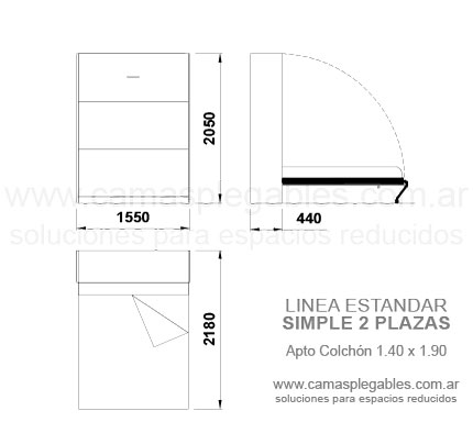 Mueble cama 2 plazas rebatible simple apto para colchón 1.40 x 1.90