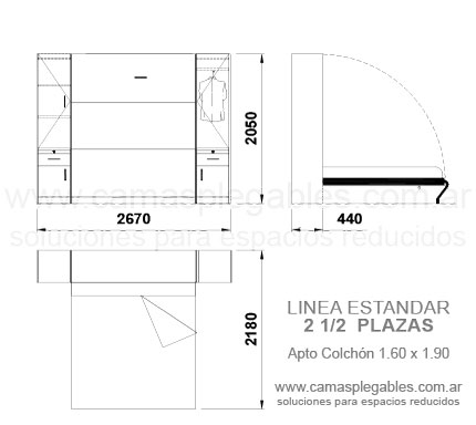 Placard con módulos laterales - Sin bauleras con cama 2 1/2 PLAZAS rebatible incorporada - Apto para colchón 1.60 x 1.90
