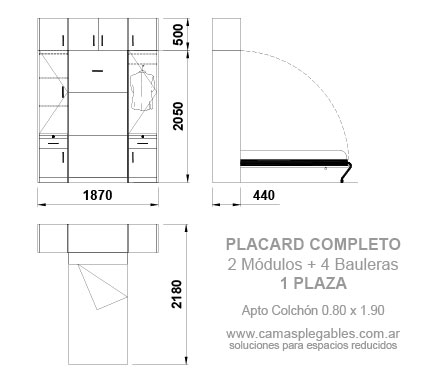 Placard completo con módulos laterales y bauleras superiores con cama 1 plazas rebatible incorporada - apto para colchón 0.80 x 1.90