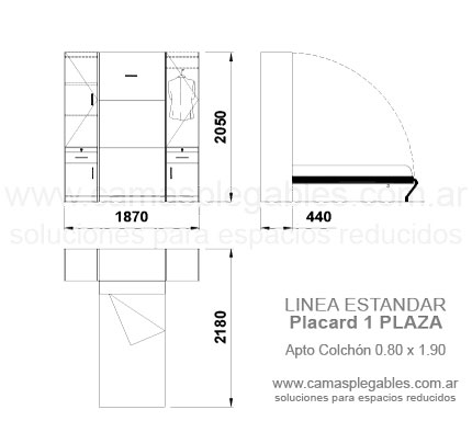 Placard con módulos laterales - sin bauleras con cama 1 plazas rebatible incorporada - apto para colchón 0.80 x 1.90