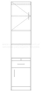 Módulo con 1 cajonera + puerta + cajón tiré + 1 estante con puerta + 2 espacios libres intermedios