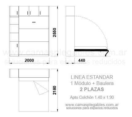 PLACARD CAMA 2 PLAZAS REBATIBLE SIMPLE con módulo lateral