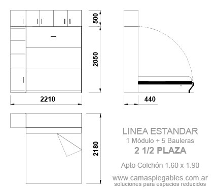 PLACARD CAMA 2 1/2 PLAZAS REBATIBLE SIMPLE con módulo lateral