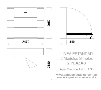 Mueble cama 2 plazas rebatible simple con módulo lateral apto para colchón 1.40 x 1.90