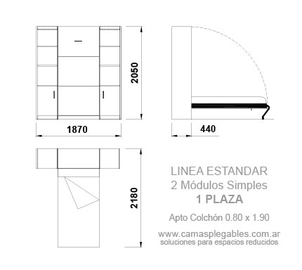 Mueble cama 1 plazas rebatible simple con módulo lateral apto para colchón 0.80 x 1.90