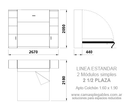 Mueble cama 2 1/2 plazas rebatible simple con módulo lateral apto para colchón 1.60 x 1.90