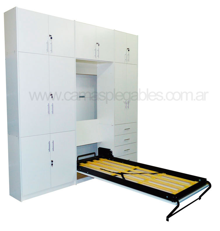 Mueble camas rebatible para 1 plaza con placard vestidor y cajoneras