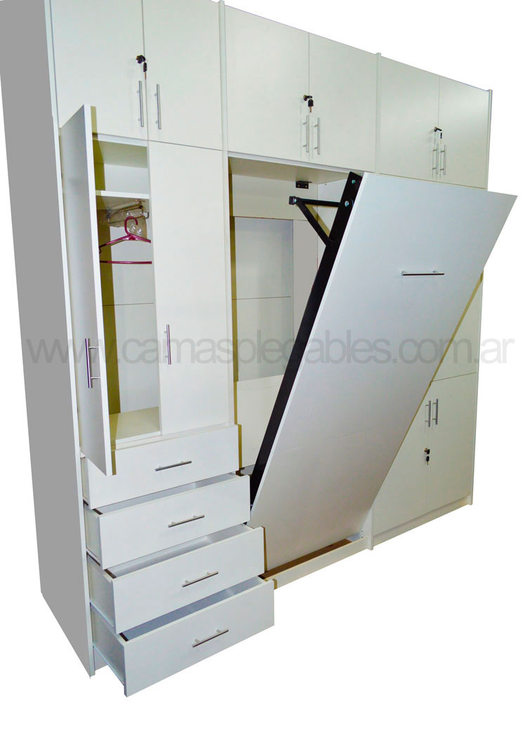 Mueble camas rebatible para 1 plaza con placard vestidor y cajoneras