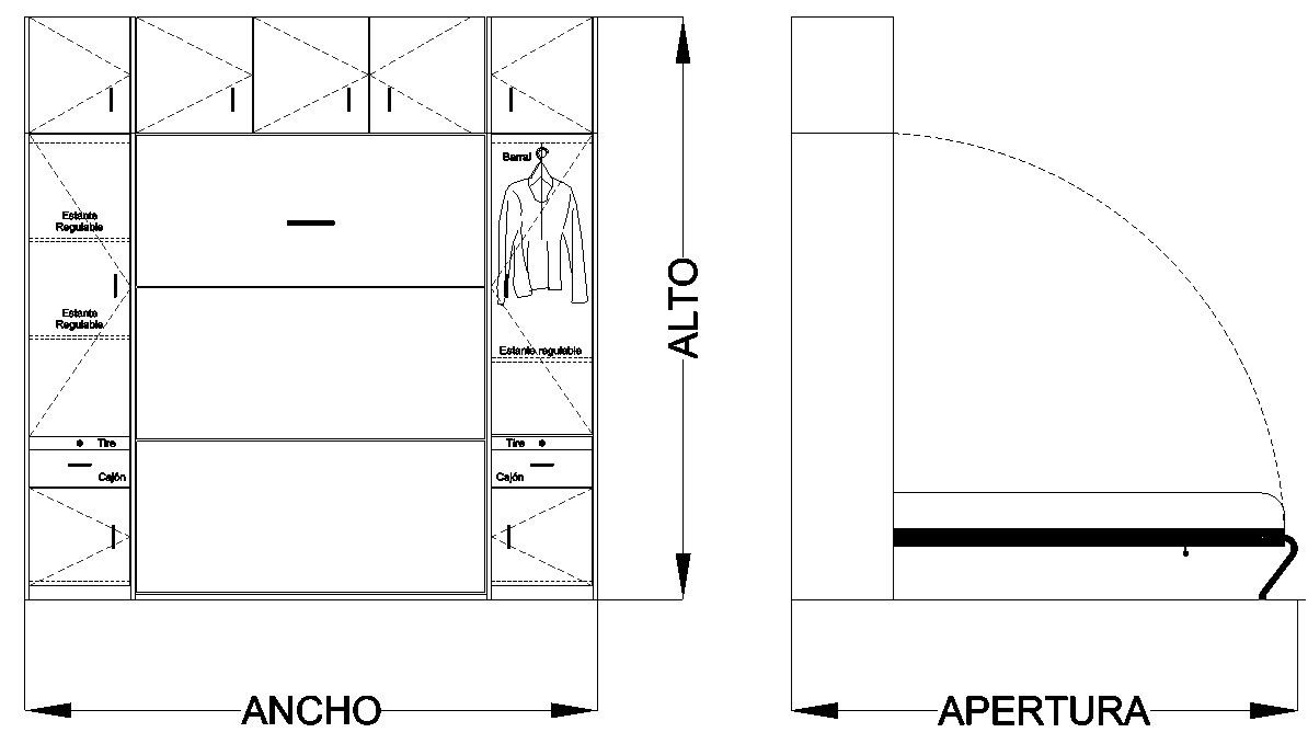 Medidas de placard estándar con cama rebatible
                    vertical, módulos laterales y baulera